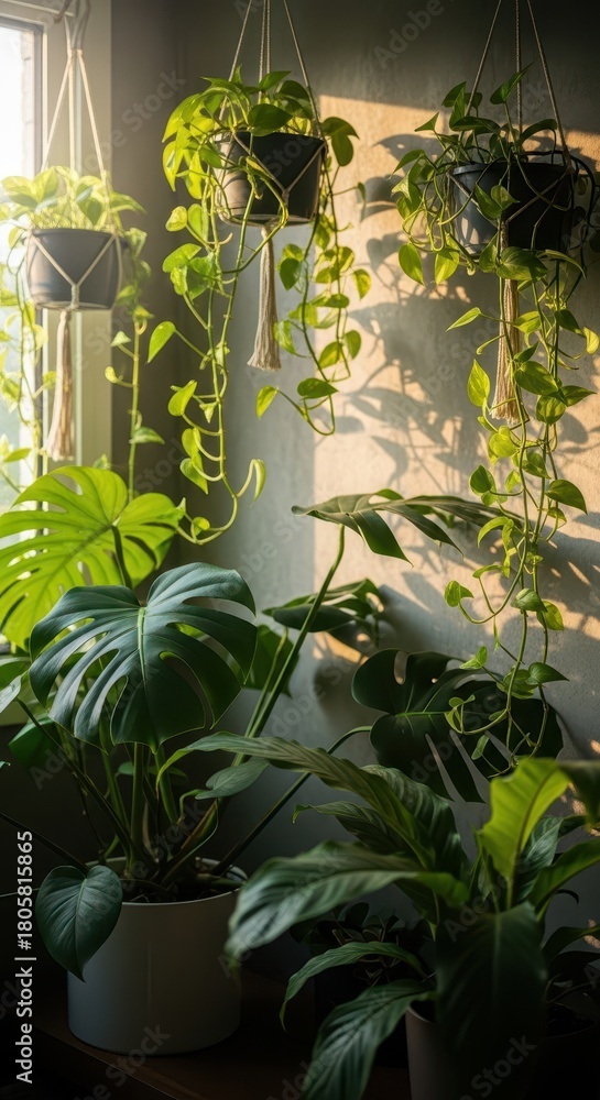 Fototapeta premium Interior space features an assortment of green foliage plants basking in natural sunlight