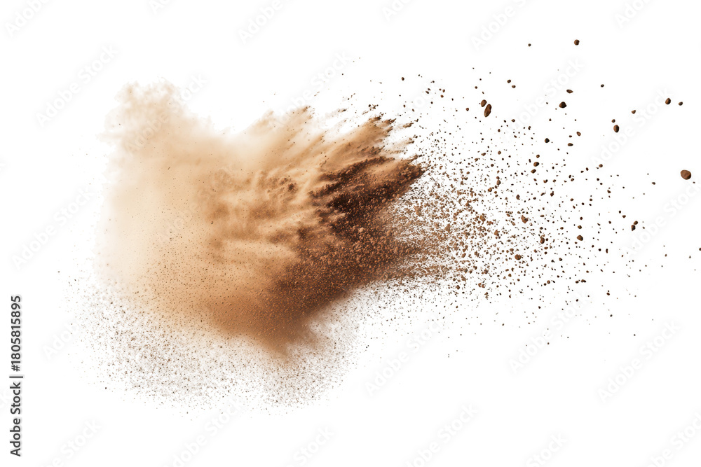 Fototapeta premium A dynamic explosion of brown powder creating a cloud of dust against a white background. suggesting movement and energy. ideal for creative projects or culinary themes