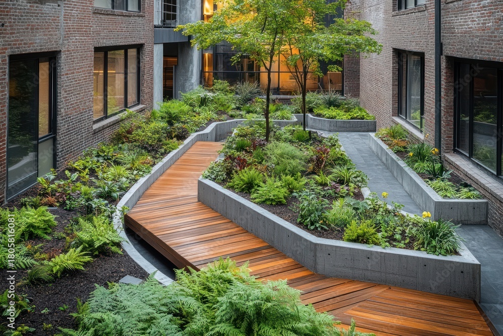 Fototapeta premium urban brick courtyard with wooden zigzag walkway, raised concrete planters filled with ferns, shrubs and a small tree, warm interior light and a calm, serene atmosphere