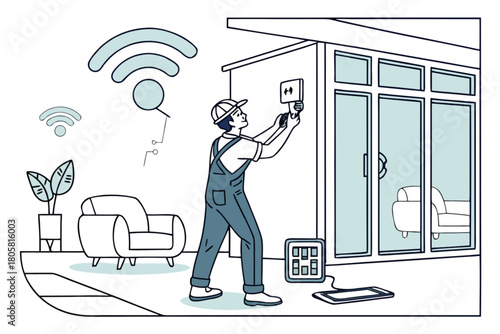 Professional technician installing smart home device for enhanced connectivity and convenient home automation solutions, showcasing seamless technology integration for modern living