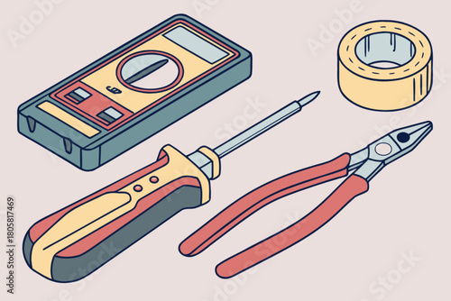 Electrical tools set for wiring and repair work, including multimeter, wire cutters, screwdriver, and tape, ideal for DIY home improvement and professional electrical services