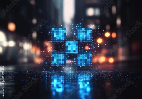Blue glowing holographic pixel cubes hovering above a wet reflective city street at night, surrounded by digital particles and warm blurred bokeh lights evoking futuristic mystery