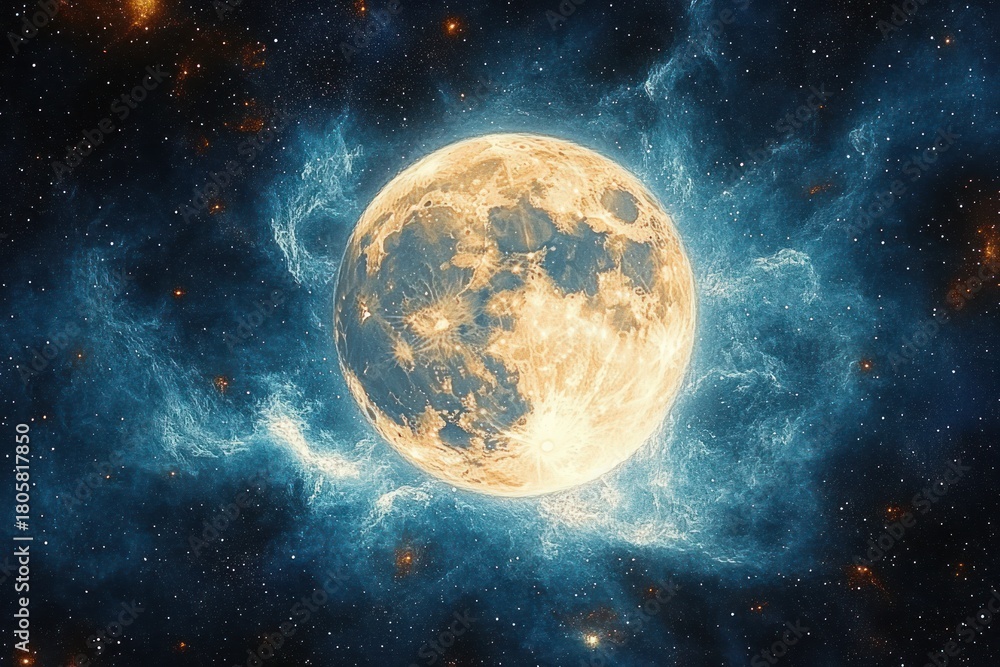 Obraz premium glowing full moon suspended in starry space surrounded by swirling blue nebula clouds, evoking tranquil awe and mystical cosmic beauty