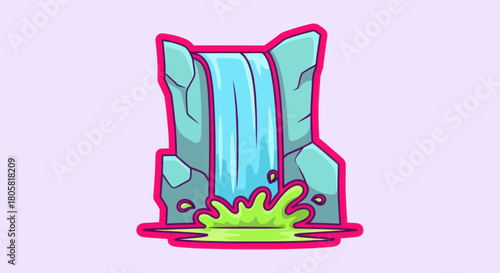 Cartoon Waterfall Cascade with Rocks and Splash Illustration.