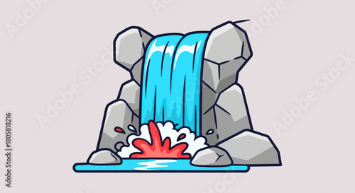 Cartoon waterfall cascading over rocks into a small pool of water.