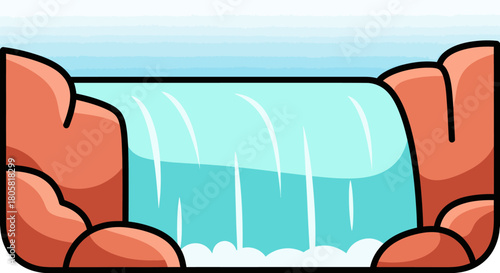 Cartoon waterfall cascading over rocky cliffs with blue sky background.