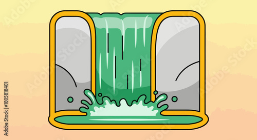 Cartoon waterfall illustration with water splash and flowing water in nature.