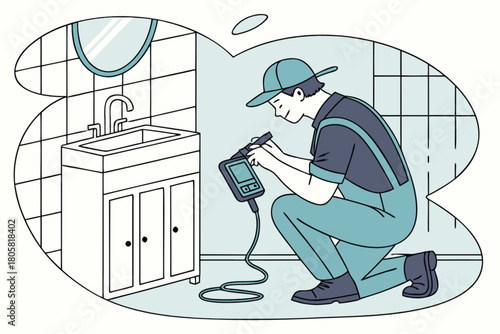 Professional plumber using modern technology to inspect bathroom sink plumbing for leaks, providing reliable home maintenance and repair services, digitally enhanced