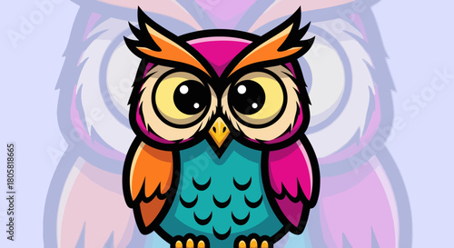 Colorful owl illustration with big eyes and vibrant feathers in detail.