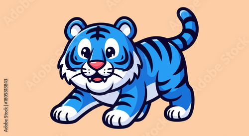 Cute Blue Tiger Cub Cartoon Illustration.