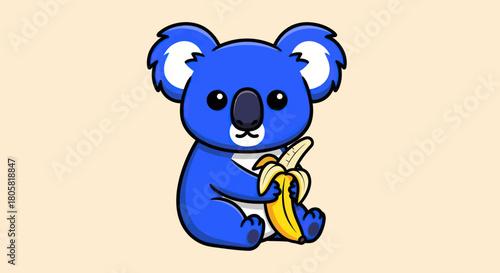 Cute blue koala cartoon character sitting and holding a banana.
