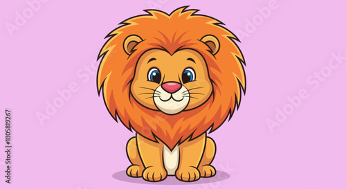 Cute cartoon lion sitting and looking forward with a fluffy mane.