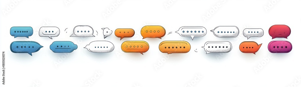 Fototapeta premium Colorful hand-drawn chat bubbles in blue white orange and magenta with dotted message indicators sketch lines and soft shadows conveying playful energetic conversation