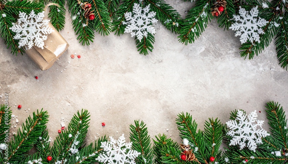 Fototapeta premium A minimal winter arrangement featuring green fir branches, delicate white snowflakes, and a small wrapped gift placed on a soft snow-covered background.