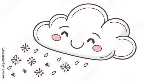 Illustration of a smiling cloud with pink cheeks raining snowflakes and raindrops on a white background