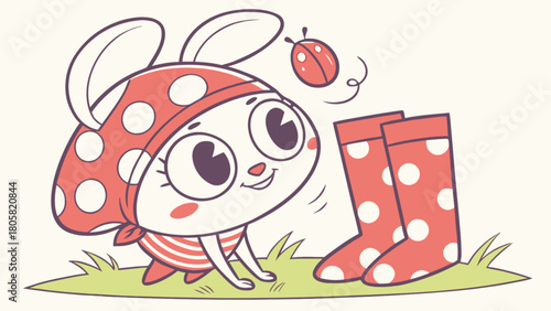 Cartoon bunny with polka dot headscarf looks at polka dot boots with a ladybug flying nearby outdoors