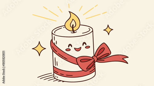 Illustration of a cute candle with a red ribbon and a smiling face surrounded by sparkling stars