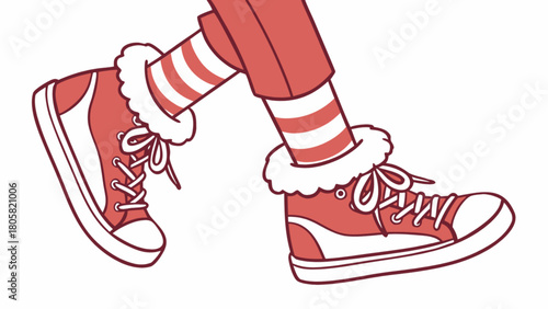 Illustration of red and white striped socks and sneakers with white fur trim on a white background