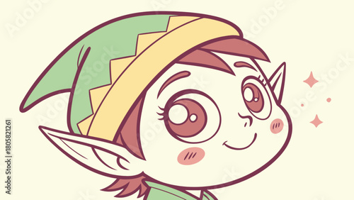Illustration of a cute cartoon elf girl with a green hat and big eyes smiling sweetly at the viewer