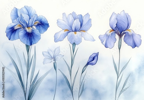 Group of five delicate iris stems: three open blue blooms, one small pale blossom and a closed bud with slender leaves on a soft misty watercolor background, evoking calm serenity