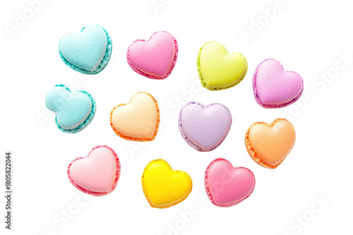 A arrangement of heart-shaped macarons in various pastel colors. beautifully displayed on a clean white background. perfect for dessert photography or culinary art projects