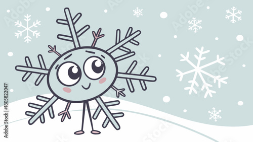 Cartoon snowflake character with big eyes standing in a snowy winter wonderland scene design art
