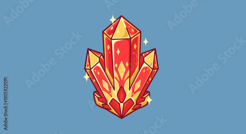 Vibrant red and orange crystal cluster illustration with sparkles.