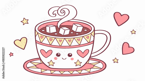 A cup of hot chocolate with marshmallows and hearts and stars around it on a white background scene