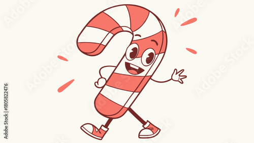 Cartoon candy cane character with red and white stripes walking and smiling cheerfully on a white background