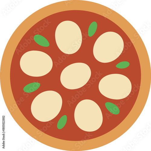 Vector illustration of a classic round pizza with melted mozzarella cheese and fresh basil leaves on a dark background