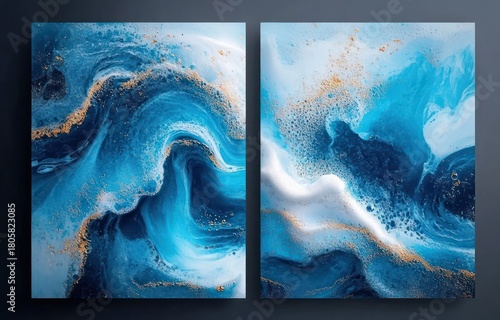 pair of abstract ocean-inspired blue and turquoise resin paintings with swirling white foam and gold metallic accents, calming and dynamic diptych wall art