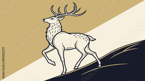 Illustration of a majestic deer with large antlers walking on a sloping surface with varied background colors