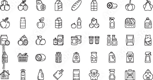 Outline Icons of Grocery Items and Household Products for Supermarket