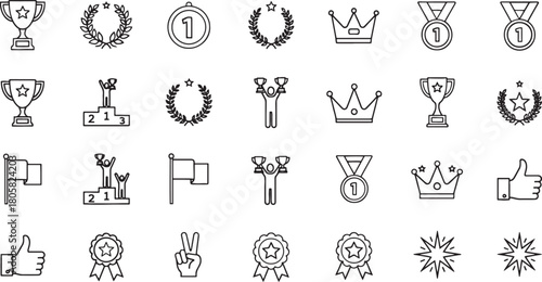 Trophy Crown and Medal Line Art Set for Achievement Recognition