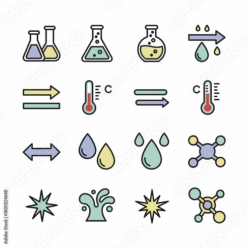 Collection of Science and Chemistry Icons with Beakers Thermometers and Molecules.