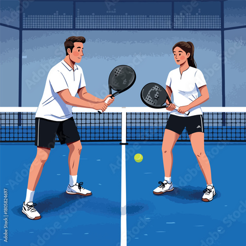 Illustration of a man and woman playing 2D vector padel sport on a blue court with rackets and a ball in mid-air.