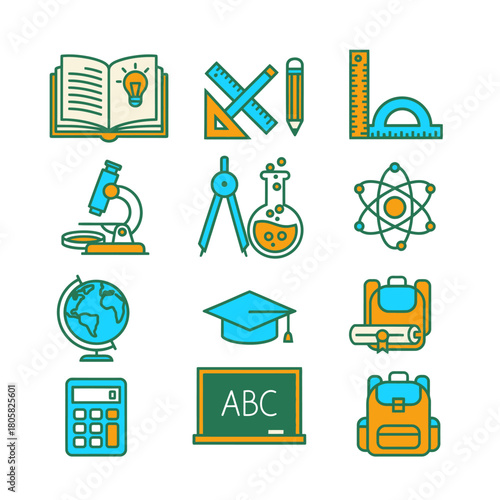 Colorful Education Icons Representing Learning and Academic Disciplines.