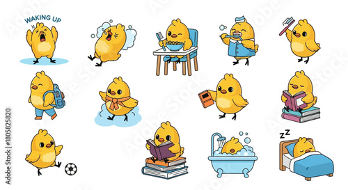 Sweet and energetic cartoon chick icons illustrating a cheerful daily routine, from morning wake-up to peaceful bedtime activities