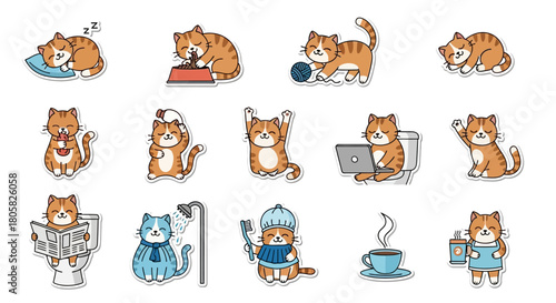 A whimsical collection of cute orange tabby cat character stickers showing daily life activities and emotions