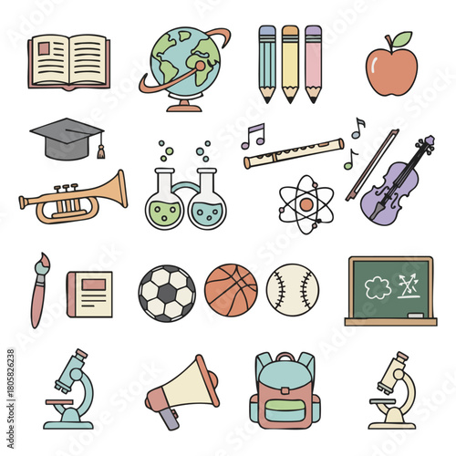 Colorful School Supplies and Educational Icons Illustration.