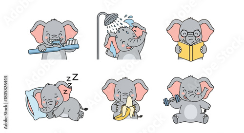 Adorable cartoon elephant character set showing a daily routine including sleeping, showering, reading, and healthy habits