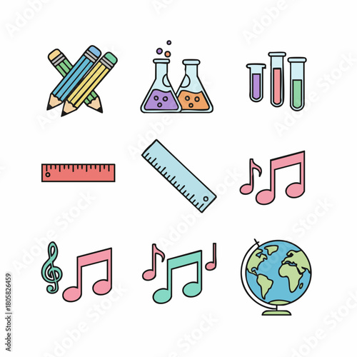 Colorful School Supplies Icons Pencils Beakers Rulers Music Notes and Globe.