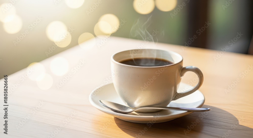 Fototapeta premium Steaming cup of dark beverage rests upon a light wooden surface bathed in bright sunshine