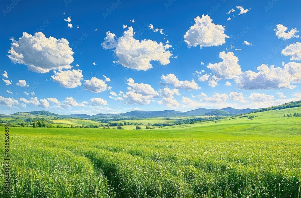 Obraz premium sunlit green meadow with winding grass track, rolling hills and distant ridges under a bright blue sky dotted with fluffy clouds, peaceful and expansive countryside