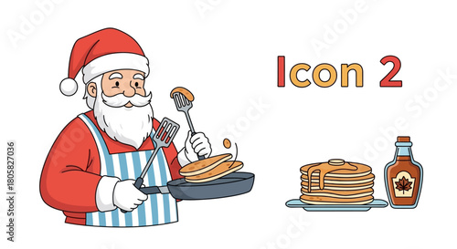 Santa Claus making delicious pancakes with syrup on a holiday morning