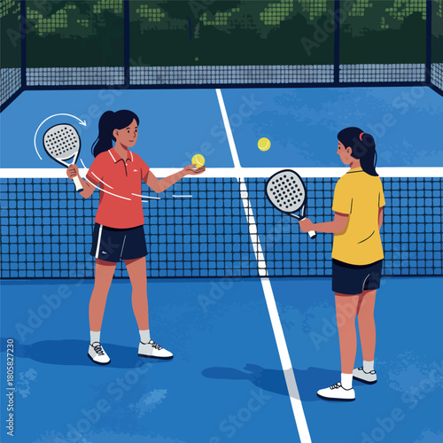 Two women playing 2D vector padel sport on a blue court with rackets and balls in a friendly match setting.
