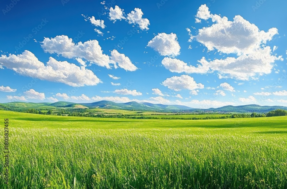 Fototapeta premium Expansive sunlit green meadow with rolling hills under a vibrant blue sky dotted with fluffy white clouds, evoking calm, peace and wide open serenity