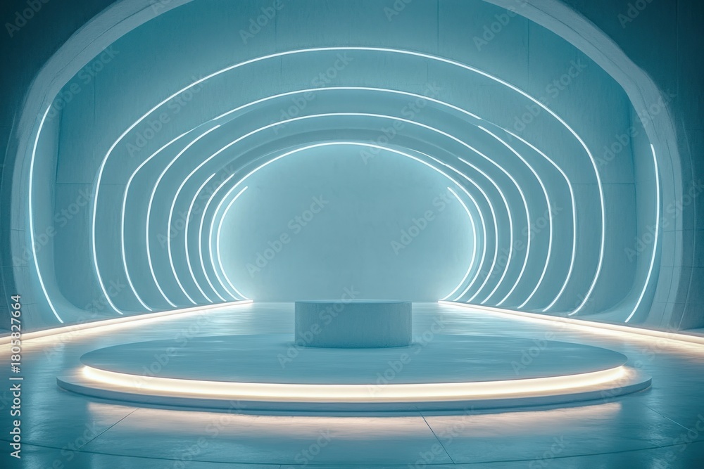 Fototapeta premium Empty minimalist curved interior with central circular platform and glowing concentric neon arches, teal ambient lighting, symmetrical futuristic serene atmosphere