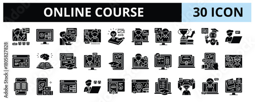 30 Online Course Glyph Icons Vector - Remote Study, Smart Learning, Live Lesson, AI Education, Virtual Exam, E-book, Learning App 