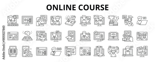 30 Online Course Line Icons Vector - Remote Study, Smart Learning, Live Lesson, AI Education, Virtual Exam, E-book, Learning App 